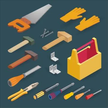 Isometric construction tools. Handsaw, chisel, box, screwdrivers and hammers. Stock-Illustration