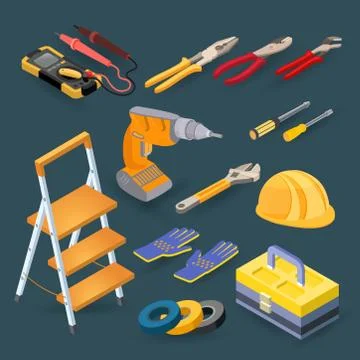Isometric construction tools. Helmet, gloves, tester, tape insulating. Vector Stock Illustration