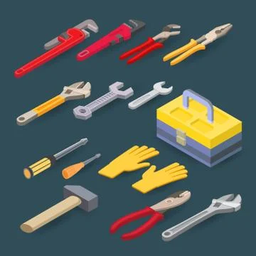 Isometric construction tools. Plumber wrench, spanner, screwdriver, hammer. V Stock Illustration