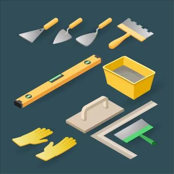Isometric construction tools for repair. Isolated level, gloves, spatula. Vec Stock-Illustration