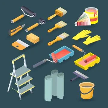 Isometric construction tools. Roller, paint, brush, palette, bucket. Vector s Illustrazione stock