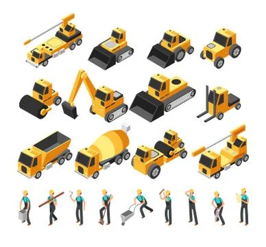 Isometric construction workers, building machinery and equipment 3d vector set Stock Illustration