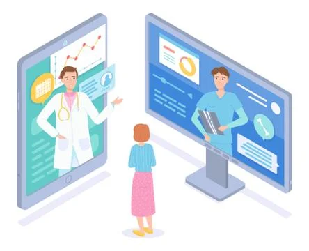 Isometric consultation conference of two doctors, physicians with patient at Stock Illustration