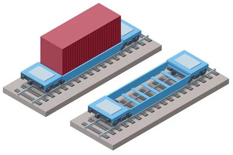 Isometric container flatcar shown empty and with a red cargo box. This rail Stock Illustration