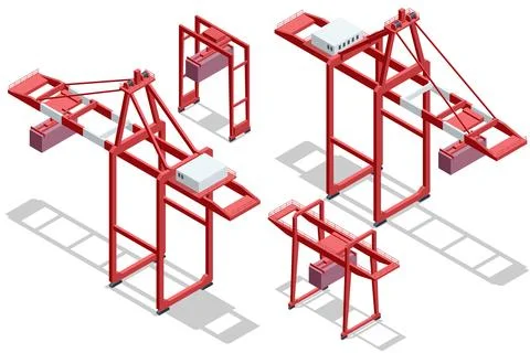 Isometric container port terminal with crane, cargo ship, rail track and truck 스톡 일러스트