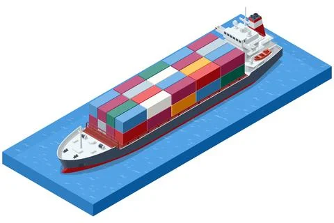 Isometric container ship loaded with colorful cargo box on water. Merchant sea Stock Illustration