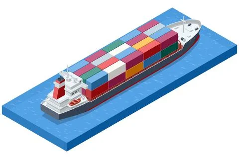 Isometric container ship loaded with colorful cargo box on water. Merchant sea Stock Illustration