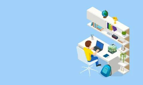 Isometric Contemporary workplace for a student. Interior modern living room Stock Illustration