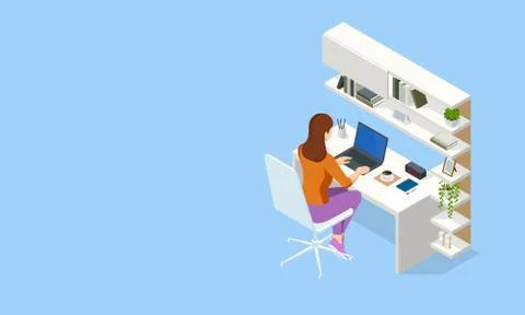 Isometric Contemporary workspace. Interior modern living room workspace with Stock Illustration