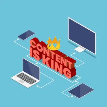 Isometric content is king text with crown connected with electronics device Stock-Illustration