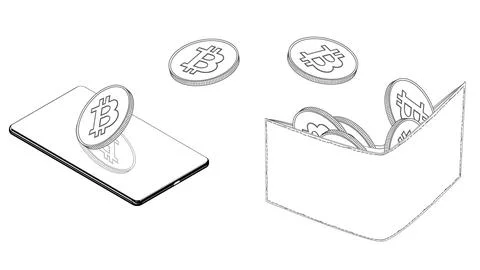 Isometric contour concept of transferring bitcoin btc cryptocurrency to wallet Illustrazione stock
