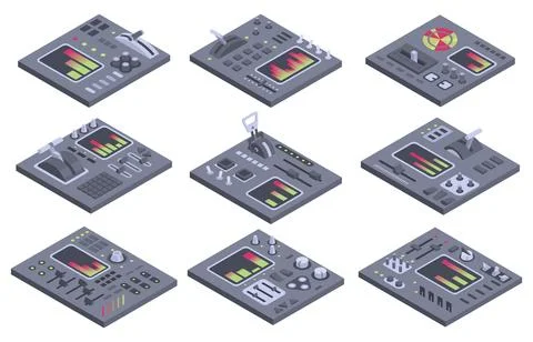 Isometric control panels spaceship with sliders, controllers, buttons. 3d Stock Illustration