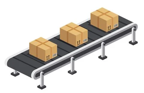 Isometric conveyor belt with cardboard boxes. Automated package transportat.. Stock Illustration