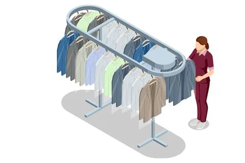 Isometric conveyor garment rack with suits and shirts handled by a laundry Stock Illustration