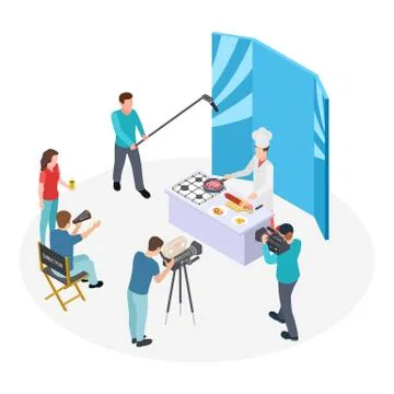 Isometric cooking TV show. Vector chef and film crew. Shooting show Stockillustratie