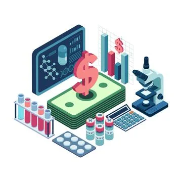 Isometric Cost of Drug Development with Lab Equipment Stock Illustration
