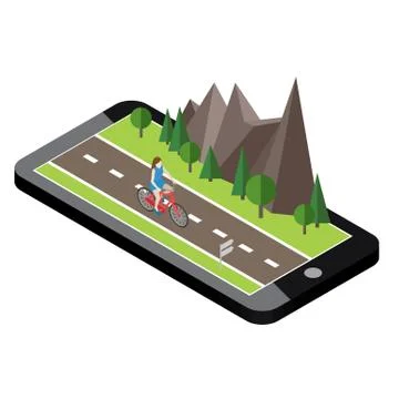 Isometric countryside. Summer road. Mobile geo tracking. Map. Woman cycling on Stock Illustration