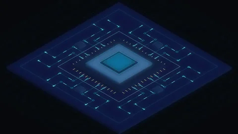 Isometric CPU microchip on a motherboard with data flow motion graphic Stock Footage 347247568