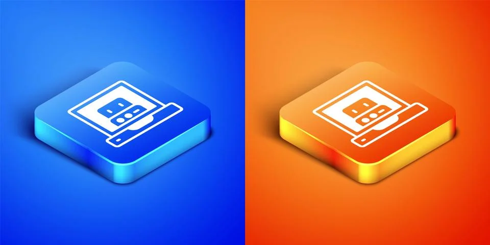 Isometric Creating robot icon isolated on blue and orange background. Artific Stock Illustration