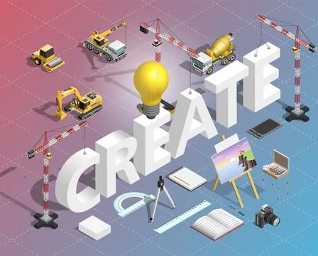 Isometric creative concept with construction machinery building typography .. Stock Illustration