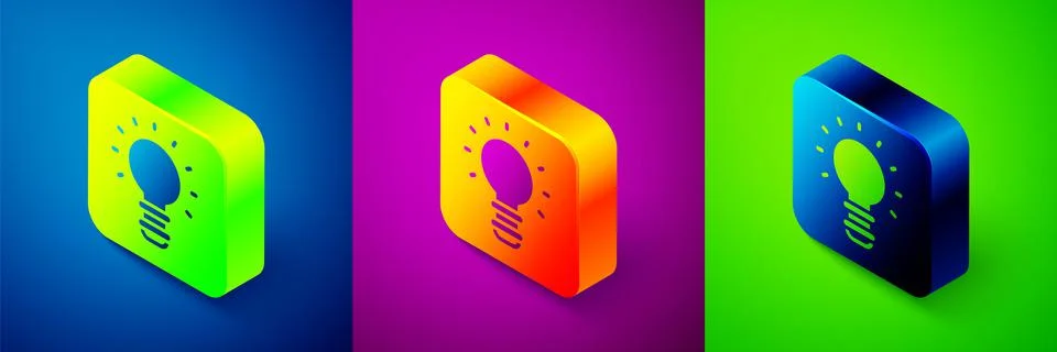 Isometric Creative lamp light idea icon isolated on blue, purple and green Illustration