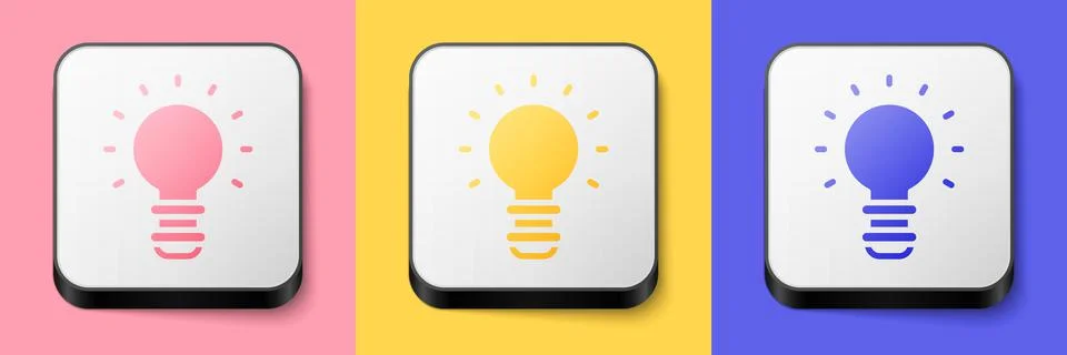 Isometric Creative lamp light idea icon isolated on pink, yellow and blue Stock Illustration
