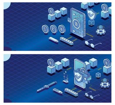 Isometric Crypto Wallet Connected to Blockchain. Cryptocurrency Industry. O.. Stock Illustration