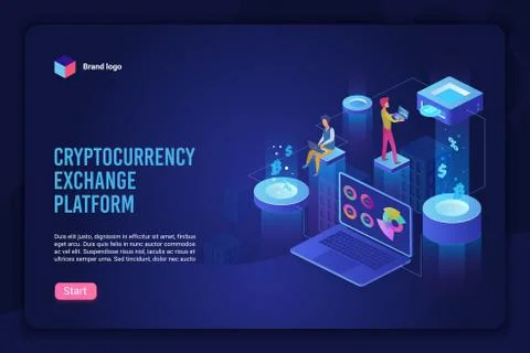 Isometric cryptocurrency exchange concept vector illustration. Crypto mining Ilustração Stock
