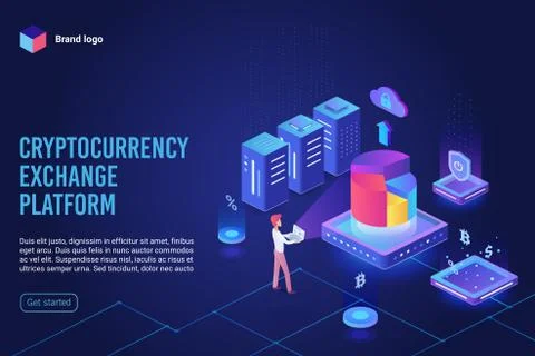 Isometric cryptocurrency exchange platform landing page. Crypto mining Stock Illustration
