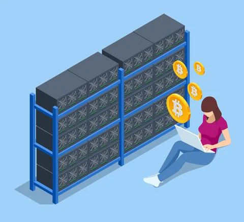 Isometric cryptocurrency mining farm. Cryptocurrency mining equipment Stock Illustration