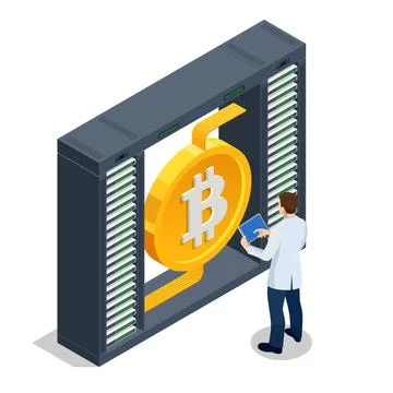 Isometric cryptocurrency mining farm. Cryptocurrency mining equipment Illustrazione stock