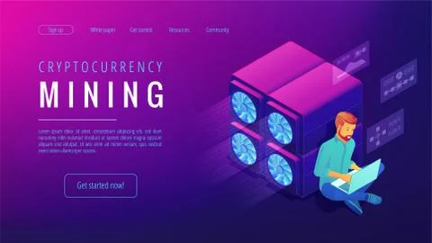 Isometric cryptocurrency mining landing page concept. Stock Illustration