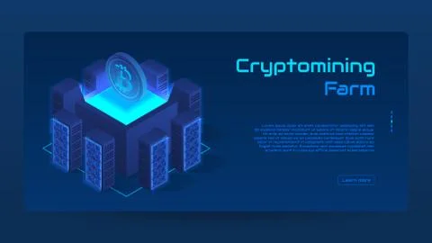 Isometric cryptomining farm concept banner Stock Illustration