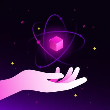 Isometric Cube in Atom in Hand. AI Gradient Illustration Stock Illustration