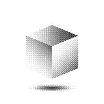Isometric cube logo made of gradually shrinking halftone black dots, symbol.. 스톡 일러스트