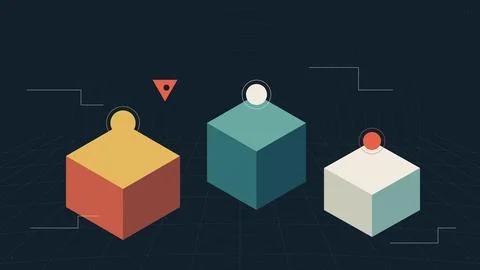 Isometric cubes with colored tops representing data levels on dark tech bac.. Stock Illustration
