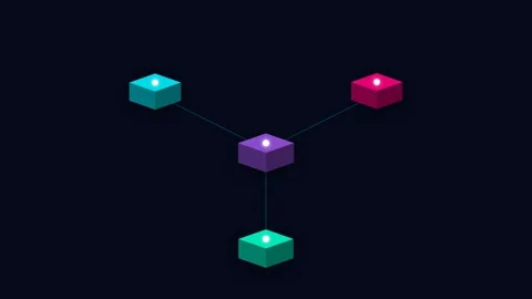 Isometric cubes connected by lines with glowing points on dark background 動画素材 338312057