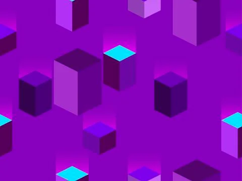 Isometric cubes seamless pattern. 80s retro style design, purple background.  Stock Illustration