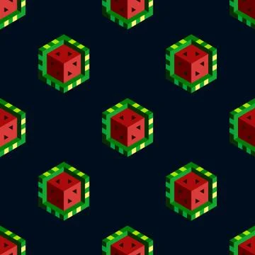 Isometric cubic watermelons on dark background. Seamless pattern. Flat vector 스톡 일러스트