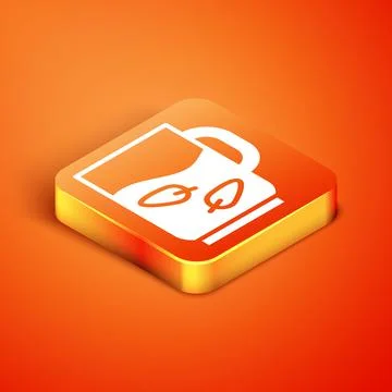 Isometric Cup of tea and leaf icon isolated on orange background. Vector Illustrazione stock