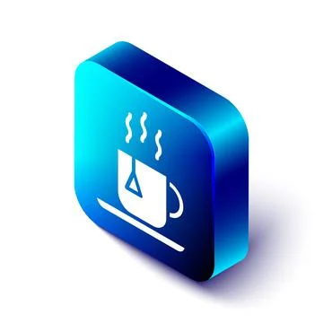 Isometric Cup of tea with tea bag icon isolated on white background. Blue square Stock Illustration