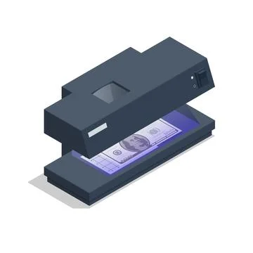 Isometric Currency Detector Isolated on White Background. Examining a Dollar Stock Illustration