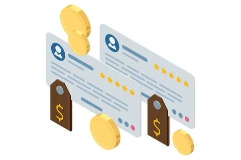Isometric Customer review or feedback. Mobile payment. User reviews online Stock Illustration