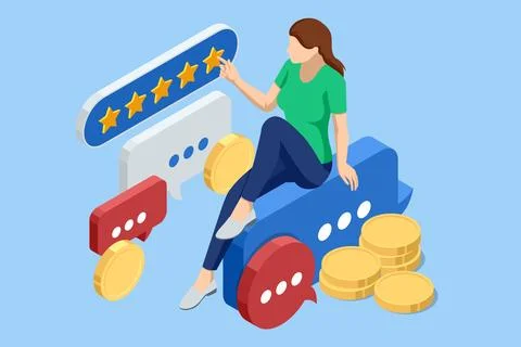 Isometric Customer review or feedback. Mobile payment. User reviews online Stock Illustration