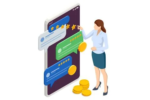 Isometric Customer review or feedback. Mobile payment. User reviews online Stock Illustration