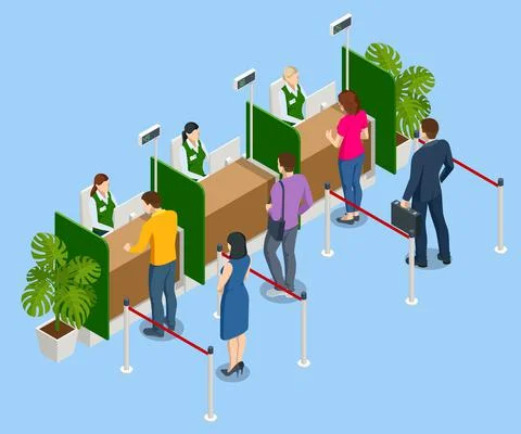 Isometric Customers getting served at the counter in Bank. Visitors in Bank. Stock Illustration