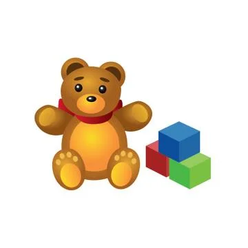 Isometric cute teddy bear and colorful cubes isolated on white background Stock Illustration