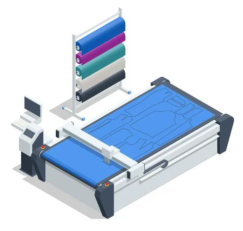 Isometric Cutting Machine. Textile industry. Automatic Electric Cutting rail Illustrazione stock