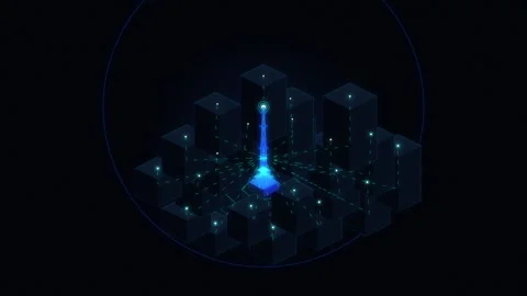 Isometric cyber city technology network digital data server node grid Видео 347204662