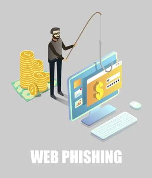 Isometric cyber thief hacking bank account card data from computer with fishing 库存插图